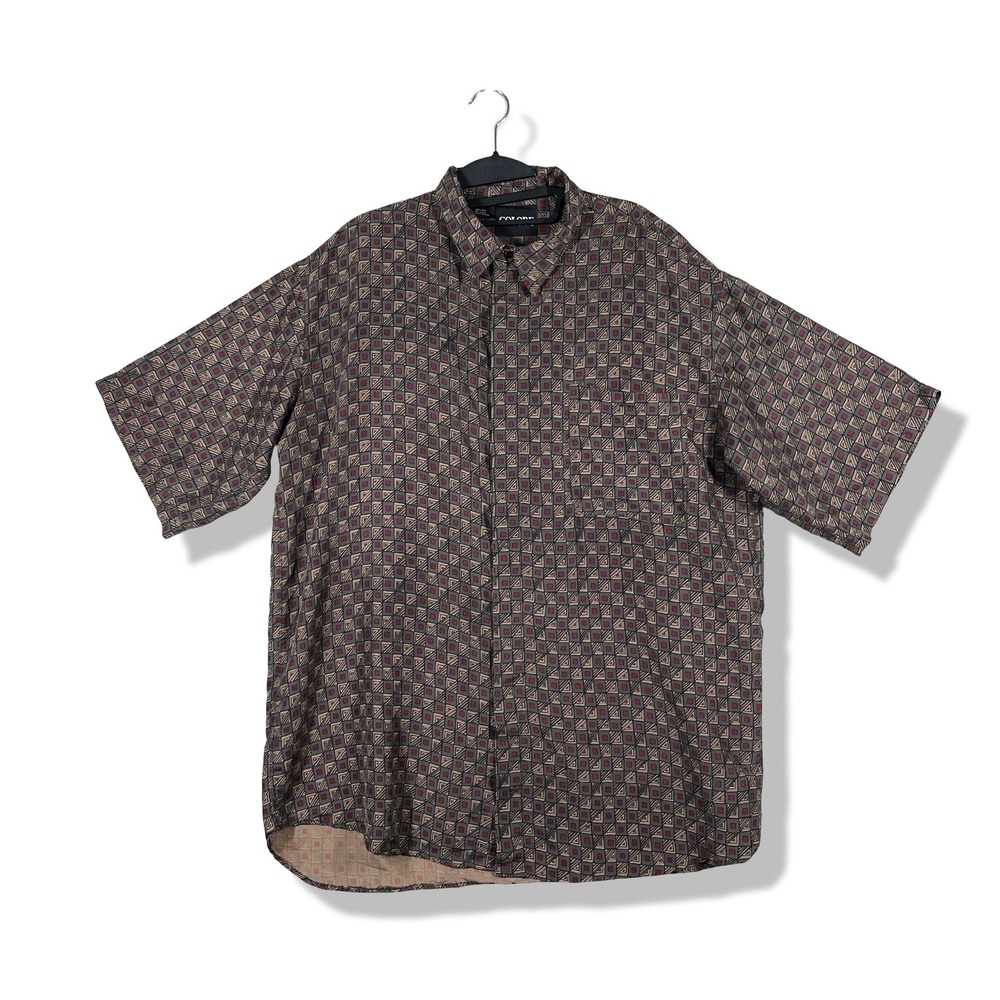 Colore Italia Button Up Shirt Mens XL Brown Geometric Vintage 90s Silk Retro